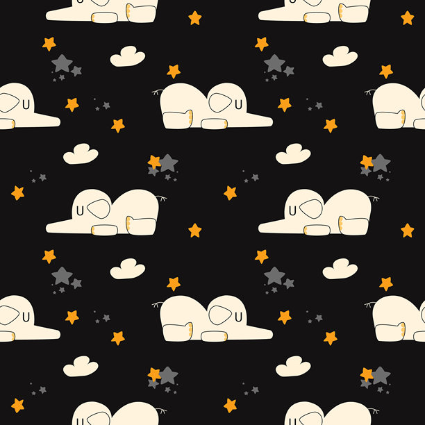 大象睡觉的卡通形象，非常可爱。在星空云朵的黑色背景上。无缝图案矢量插画。图片下载