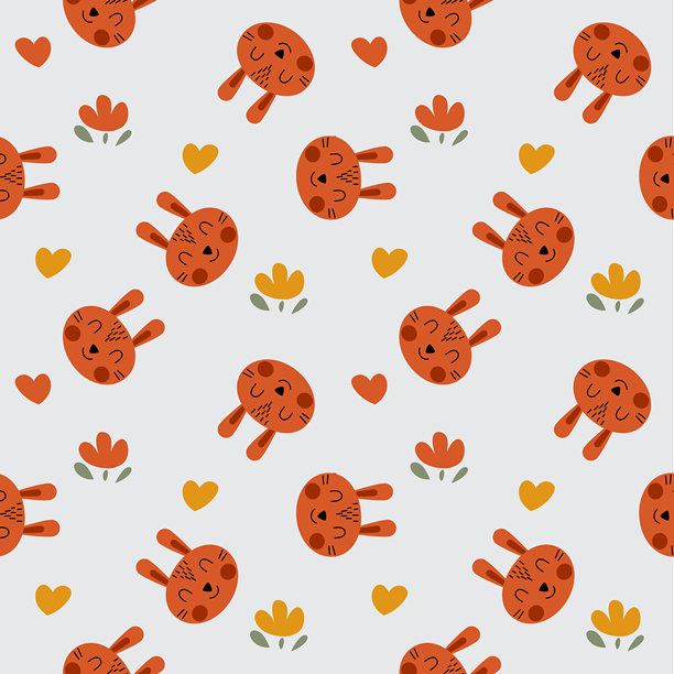 一张非常可爱的橙色卡通兔子脸。背景是花心图案，无缝矢量插画。图片下载