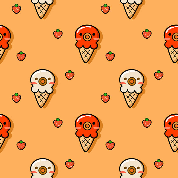 可爱的冰淇淋鱿鱼卡通形象，在草莓黄背景上，无缝矢量插画图案。图片下载
