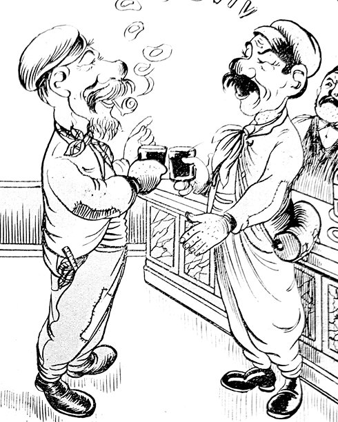 身着便帽、留着胡须和浓密胡子的两位工人，身着19世纪服饰，在酒吧里并排站立，相对而视，在柜台边举杯畅饮黑啤酒，展现了工人阶级的同志情谊与休闲时光。图片下载