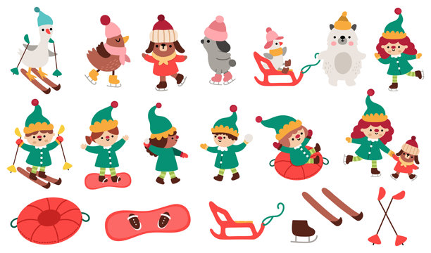矢量圣诞精灵冬季户外运动插画集。新年精灵图标，包含雪圈、雪橇、滑雪板、滑雪、溜冰鞋。可爱的奇幻生物。节日矮人、动物图片下载