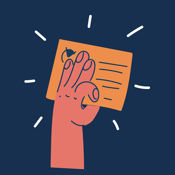 卡通矢量插画，一只手拿着打勾的选票，象征投票和决策图片下载