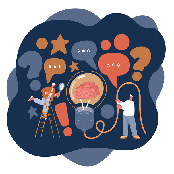 卡通矢量插画，描绘了人们将带有大脑的灯泡连接到电力的概念，象征着创造力和创新的火花图片下载