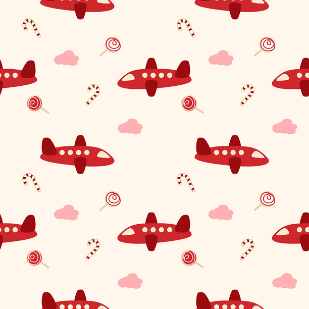可爱的红色卡通飞机，背景是云朵、拐杖糖和棒棒糖。无缝矢量插画图案。图片下载