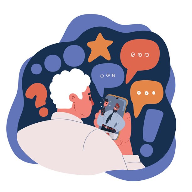 卡通矢量插画，描绘一个人看着智能手机，手机内有一个戴面具的黑客，象征着网络欺诈问题图片下载