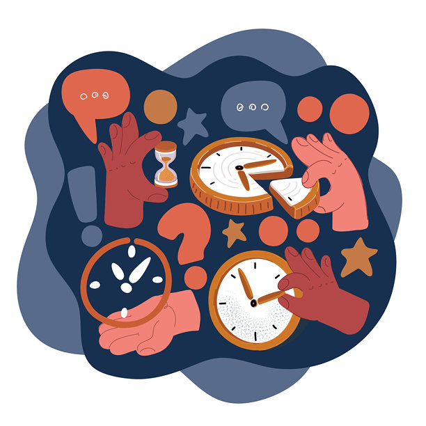 卡通矢量插画，描绘了不同计时工具的概念，包括带表盘的手表、沙漏和时间片段。图片下载