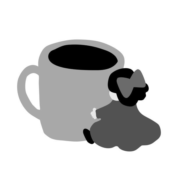 单色剪影，一个可爱的女孩系着丝带，坐在大咖啡杯旁，奇幻风格插画，氛围温暖迷人图片下载