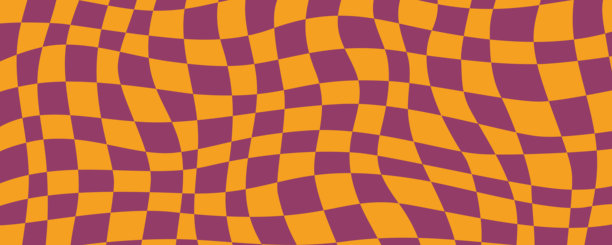 橙色和紫色扭曲的格子背景，呈现抽象万圣节风格。带有流动复古几何的波浪格子图案。矢量插画图片下载