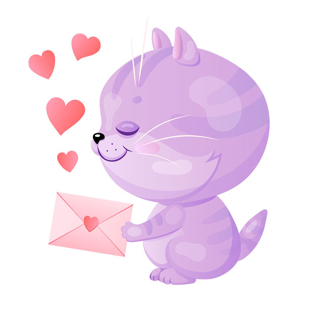 可爱的紫色猫咪拿着情书和心 - 可爱的卡通插画图片下载