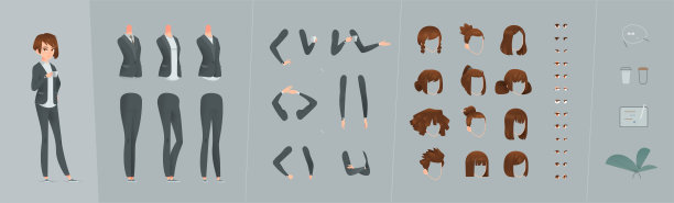 卡通风格的欧洲女商人/建筑师，包含可替换的姿势、手臂、腿部、发型和服装的矢量素材包，可编辑角色。图片下载