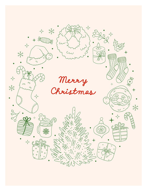 圣诞复古贺卡，带有涂鸦手绘圣诞树、袜子、礼物、可可、树玩具和袜子。奇幻的圣诞插画，素描线条艺术风格。复古节日海报、封面、背景。图片下载
