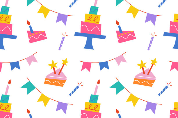 节日图案扁平卡通矢量插画，包含可爱的儿童涂鸦、带蜡烛的生日蛋糕、花环、派对装饰元素，营造欢乐庆典主题，无缝俏皮设计氛围图片下载