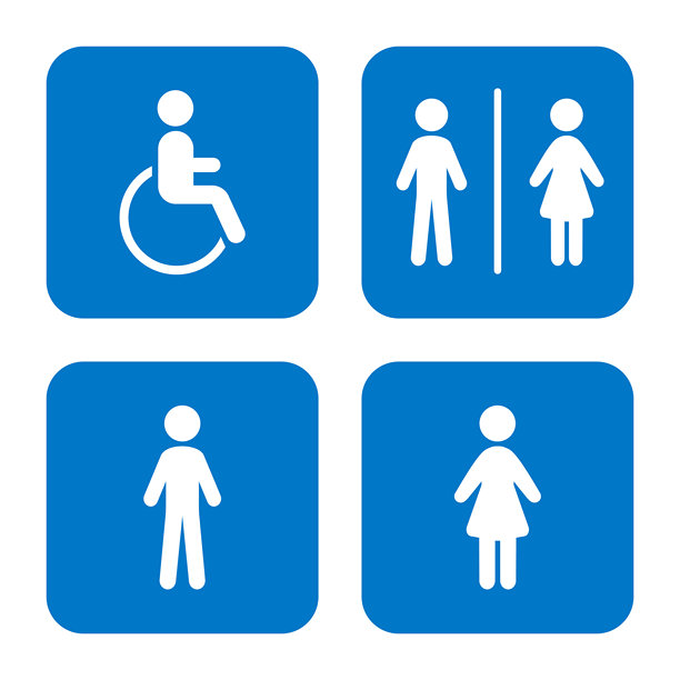 WC马桶矢量图标志图标集插画。四个方形的卫生间标志：男士、女士、中性及无障碍通道符号。简洁的极简风格，带有圆润的形状图片下载