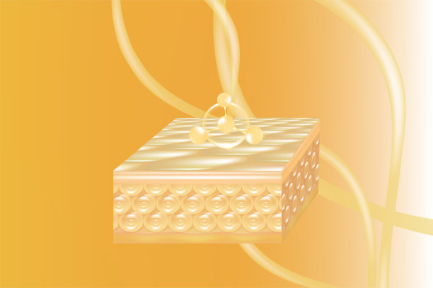 透明质酸和烟酰胺护肤精华广告，金色胶原蛋白精华滴入细胞，配有化妆品广告背景，插画矢量图。图片下载