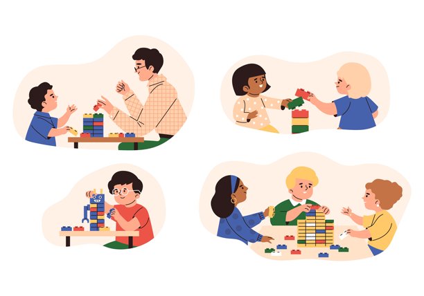 一套矢量插画，描绘了孩子们在拼搭乐高积木。图片下载