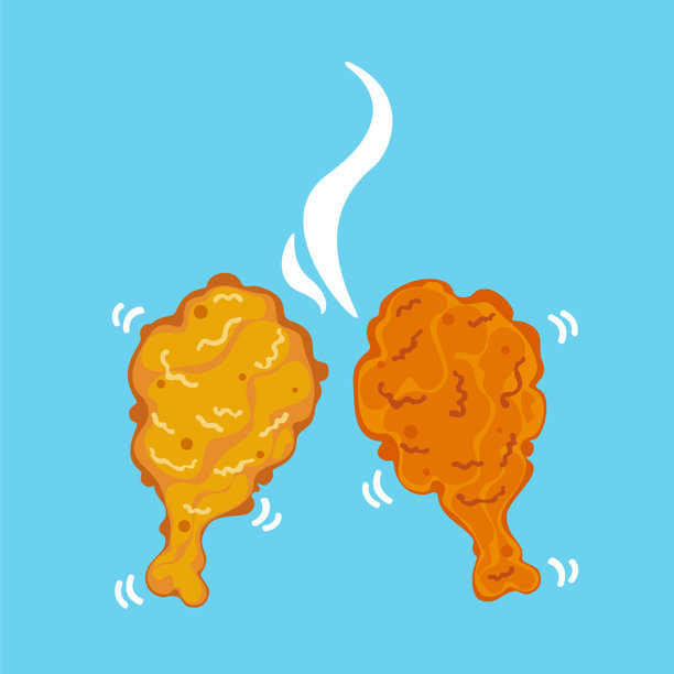 一对热腾腾、香脆的炸鸡腿矢量图。插画描绘了两只热炸鸡腿，冒着热气，展示了扁平化设计风格的酥脆金黄裹粉。图片下载