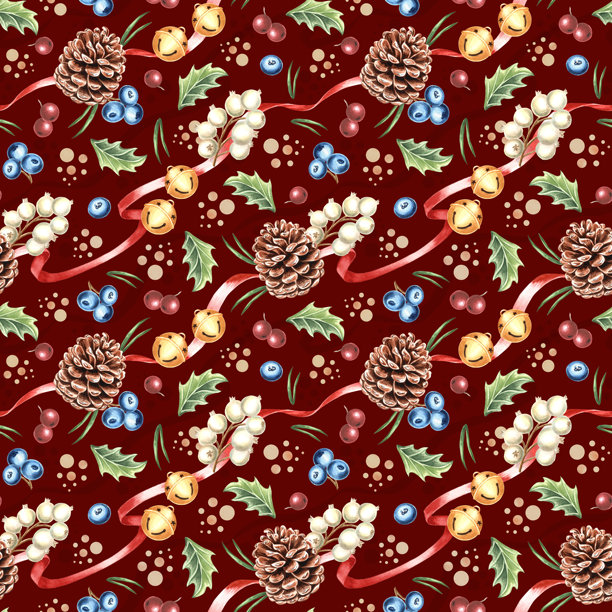 水彩松果、丝带圆铃铛和彩色浆果的圣诞节无缝图案。手绘插画，适用于冬季节日包装设计、纺织品和纸张的节日自然背景。图片下载