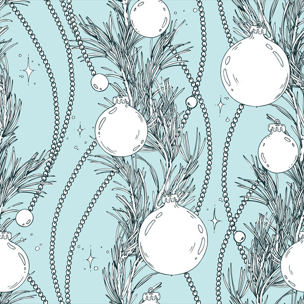 手绘单色线条插画，采用钢笔和墨水绘制，包含松枝、装饰球和珠子，构成无缝图案。适用于圣诞节、冬季和新年主题，印在蓝色背景上。图片下载