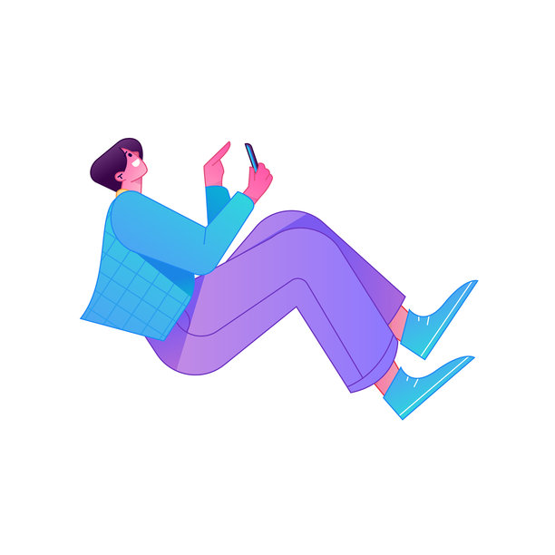 矢量扁平渐变插画，描绘了一个正在读书的角色。图片下载