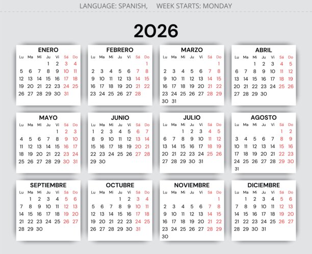 2026年西班牙年度日历。西班牙现代矢量插画 - 2026年日历图片下载