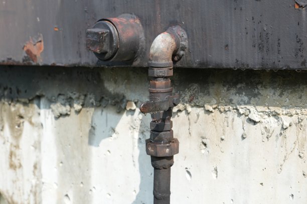 带有阀门的漏水复古金属管道，背景是饱经风霜的混凝土墙，展现出工业的衰败和荒废图片下载