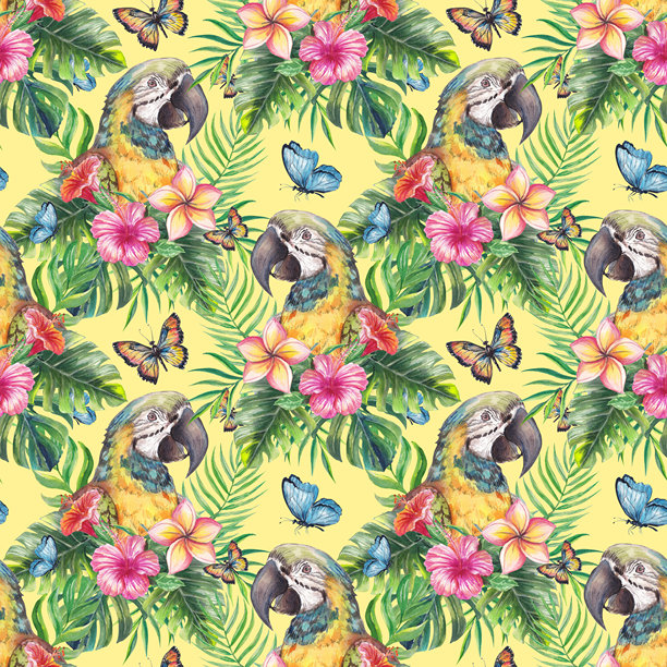 色彩缤纷的热带鹦鹉水彩插画，点缀着茂盛的棕榈叶和异国情调的花朵。这款手绘丛林艺术作品非常适合纺织品印花、壁纸、品牌设计、旅游设计和夏季装饰。图片下载