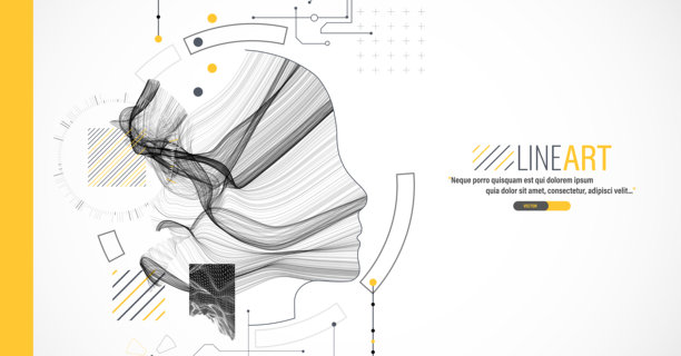 创意插画。头部轮廓中间环绕着波浪，并点缀着各种科技艺术元素。图片下载