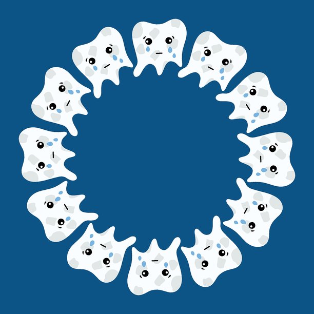 蓝色背景上的牙齿花环，牙齿圆圈。牙齿圆环插画，儿童牙医。牙齿圆形边框图片下载