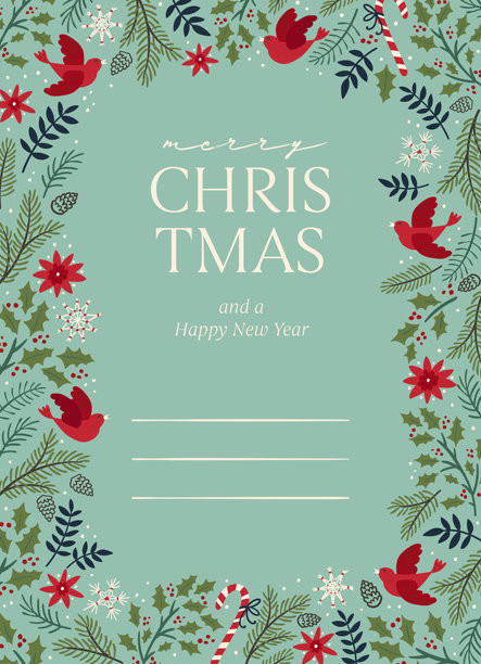 可爱的圣诞绿植和鸟类手绘插画，非常适合用于印刷品、纺织品、横幅和壁纸 - 矢量图图片下载