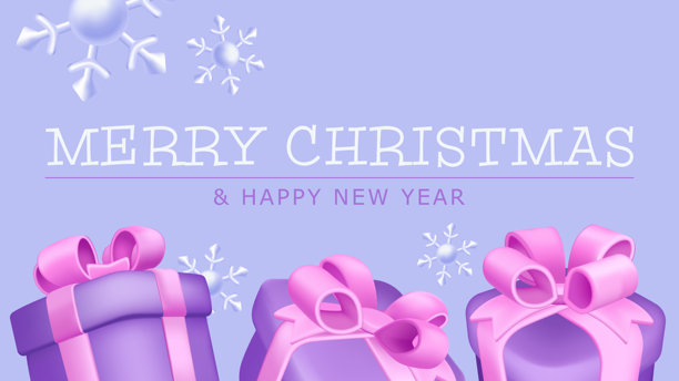 圣诞快乐，新年快乐贺卡。节日简约横幅设计，带有飘落的雪花和粉紫色礼盒边框，采用光泽3D渲染效果。矢量插画。图片下载