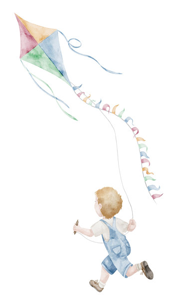 男孩在风中奔跑放风筝。可爱的孩子在柔和色调中玩飞翔玩具的水彩插画，适合宝宝派对贺卡或生日邀请函。孤立的儿童设计艺术。图片下载