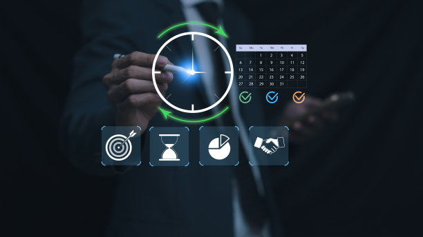 时间管理概念，展示一位商务人士与数字时钟、日历和生产力图标互动。现代工作流程规划、日程安排、策略和效率提升。图片下载