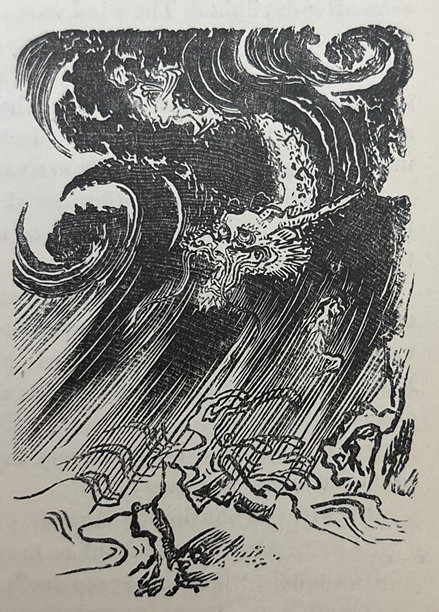 古老插画 - 来自日本的雨龙 - 龙的脸庞置于巨大的波涛之中图片下载