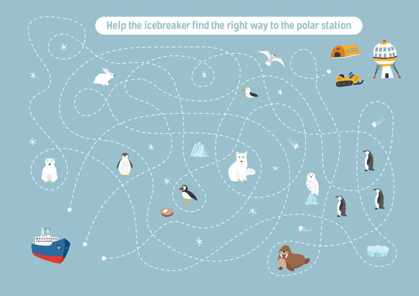 儿童迷宫游戏。儿童逻辑谜题。寻找正确路径的探险，为冰破船找到极地站。矢量插画图片下载