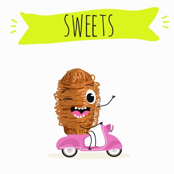 有趣的卡通人物土耳其传统甜点，库纳法（Kunafa）、科纳法（Konafa）、卡纳菲（Kanafeh）、卡达伊夫（kadayif）或马布罗玛（mabroma）卷。手绘矢量插画。图片下载