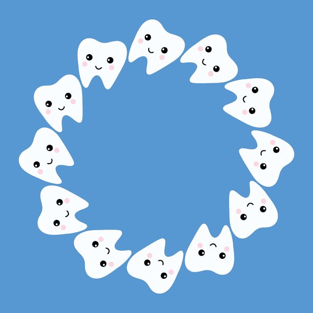 蓝色背景上的牙齿花环，牙科圆圈。牙齿戒指插画，儿童牙医。牙齿圆形框架，友好的牙科图标图片下载