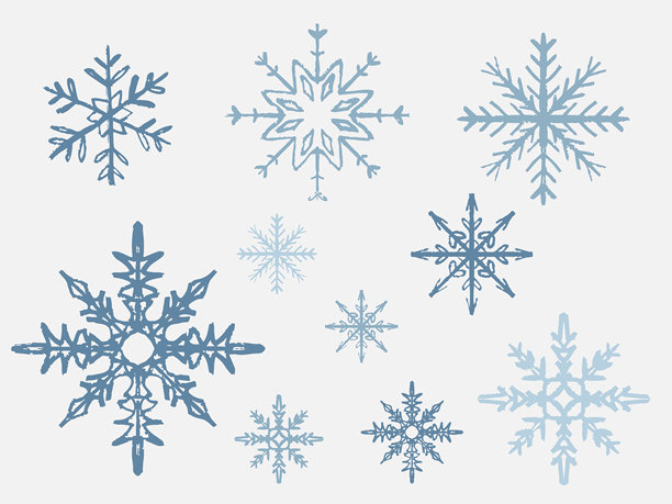 手绘蓝色雪花装饰图案集，白色背景。复古蜡笔炭笔风格的矢量草图插画。冬季圣诞绘画，冬日霜窗。图片下载