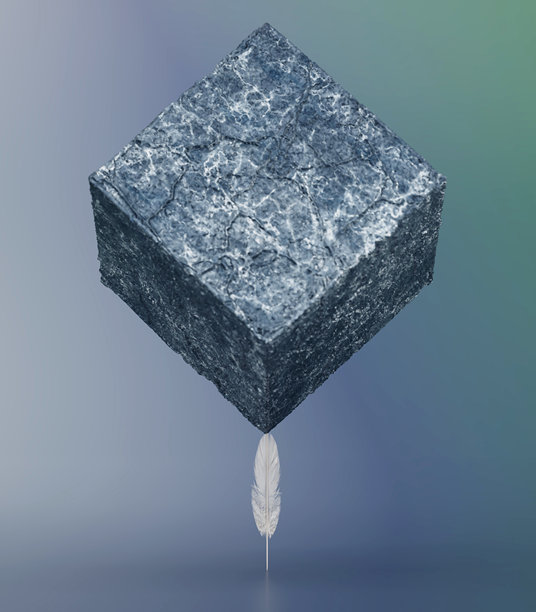 柔软渐变背景上，一块石头立方体悬浮在一根精致的羽毛上。力量的概念图片下载