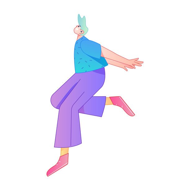 矢量渐变插画，描绘了一个正在飞行和悬停的人物。图片下载