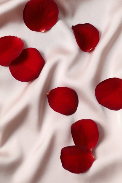 米色丝绸缎。闪亮光滑的面料，点缀着红色玫瑰花瓣。柔软的褶皱。奢华背景，留有设计空间。平坦桌面，俯视角度。图片下载