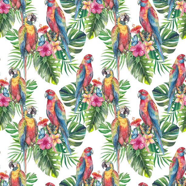 色彩缤纷的热带鹦鹉水彩插画，点缀着茂密的棕榈叶和异域花卉。手绘丛林艺术作品，非常适合纺织品印花、壁纸、品牌设计、旅行设计和夏季装饰。图片下载
