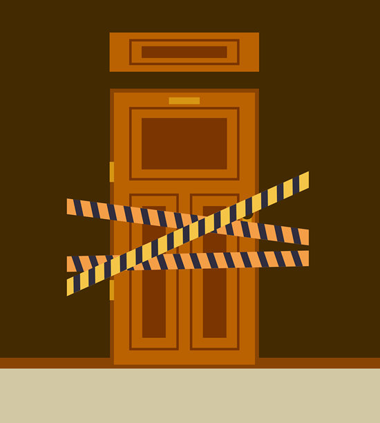 关闭的办公室门，隔离带，黄色胶带，概念。矢量图形设计插画图片下载