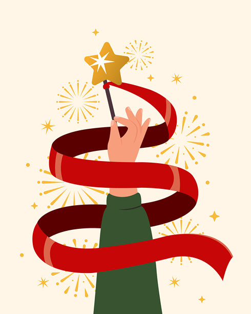 圣诞树矢量插画，饰有红色丝带。圣诞快乐新年快乐横幅、贺卡、海报、节日设计。图片下载