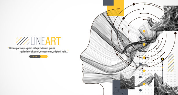 创意插画。头部轮廓中间是海浪，并辅以各种科技艺术元素。图片下载