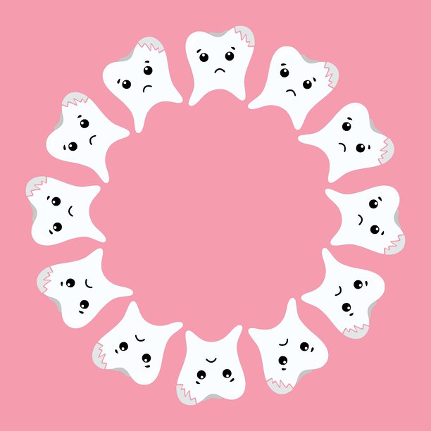 牙齿花环，牙科戒指插画。可爱的牙齿圆圈，牙科花环设计。粉色背景上的牙齿花环，牙科吉祥物相框图片下载