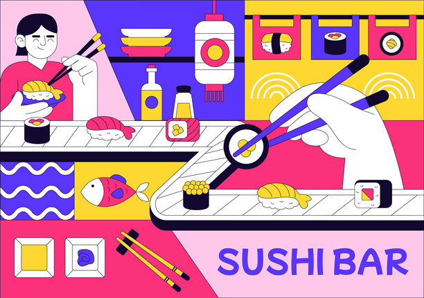 日式寿司吧矢量插画，以平坦背景呈现日式亚洲食物或餐厅，供应生鱼片、米饭、酱油和芥末图片下载