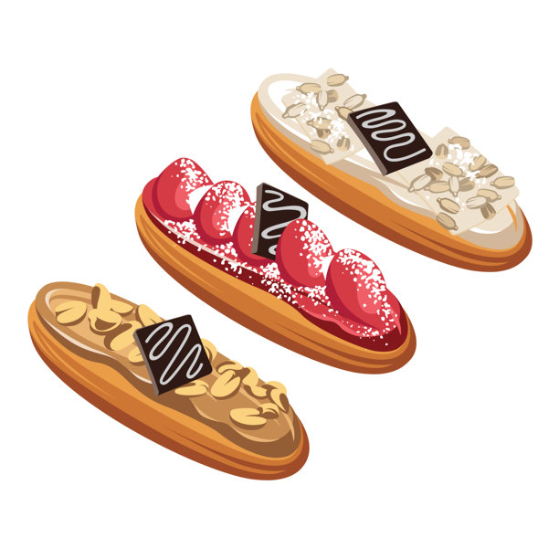 经典的法式甜点——闪电泡芙，配有巧克力、坚果、水果和浆果，孤立在白色背景上。卡通风格。甜点——带有装饰的纸杯蛋糕。图片下载