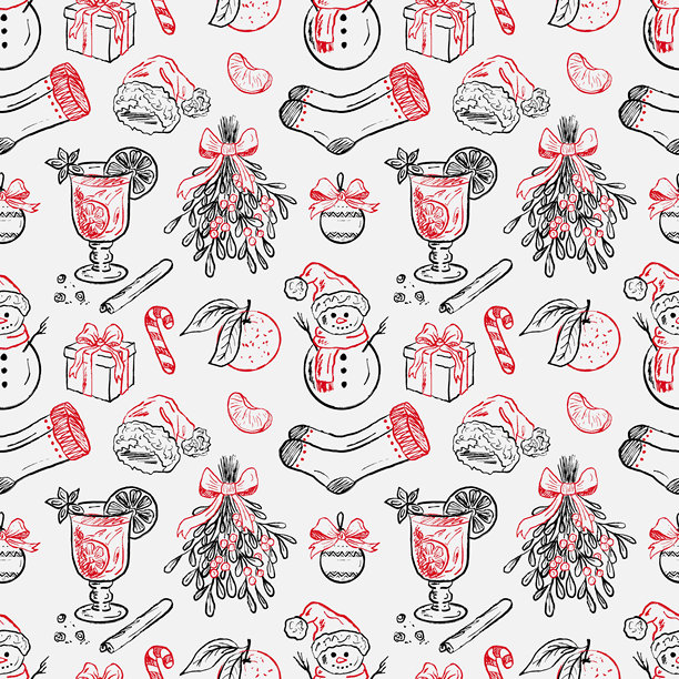 手绘矢量圣诞节图案，包含槲寄生、热红酒、圣诞袜、橘子、雪人，复古蜡笔炭笔风格的矢量素描插画。图片下载