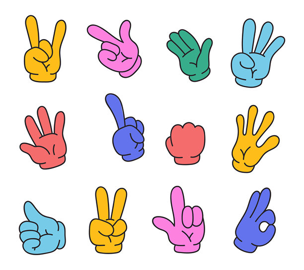 五彩缤纷的卡通复古风格角色手臂和手，摆出不同的姿势。扁平图形设计卡通插画图片下载