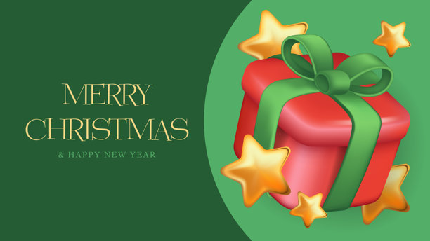 圣诞快乐，新年快乐贺卡。节日绿色横幅设计，配有红色礼品盒和金色星星。节日邀请海报，带有闪亮的礼物和3D渲染效果。矢量插画。图片下载